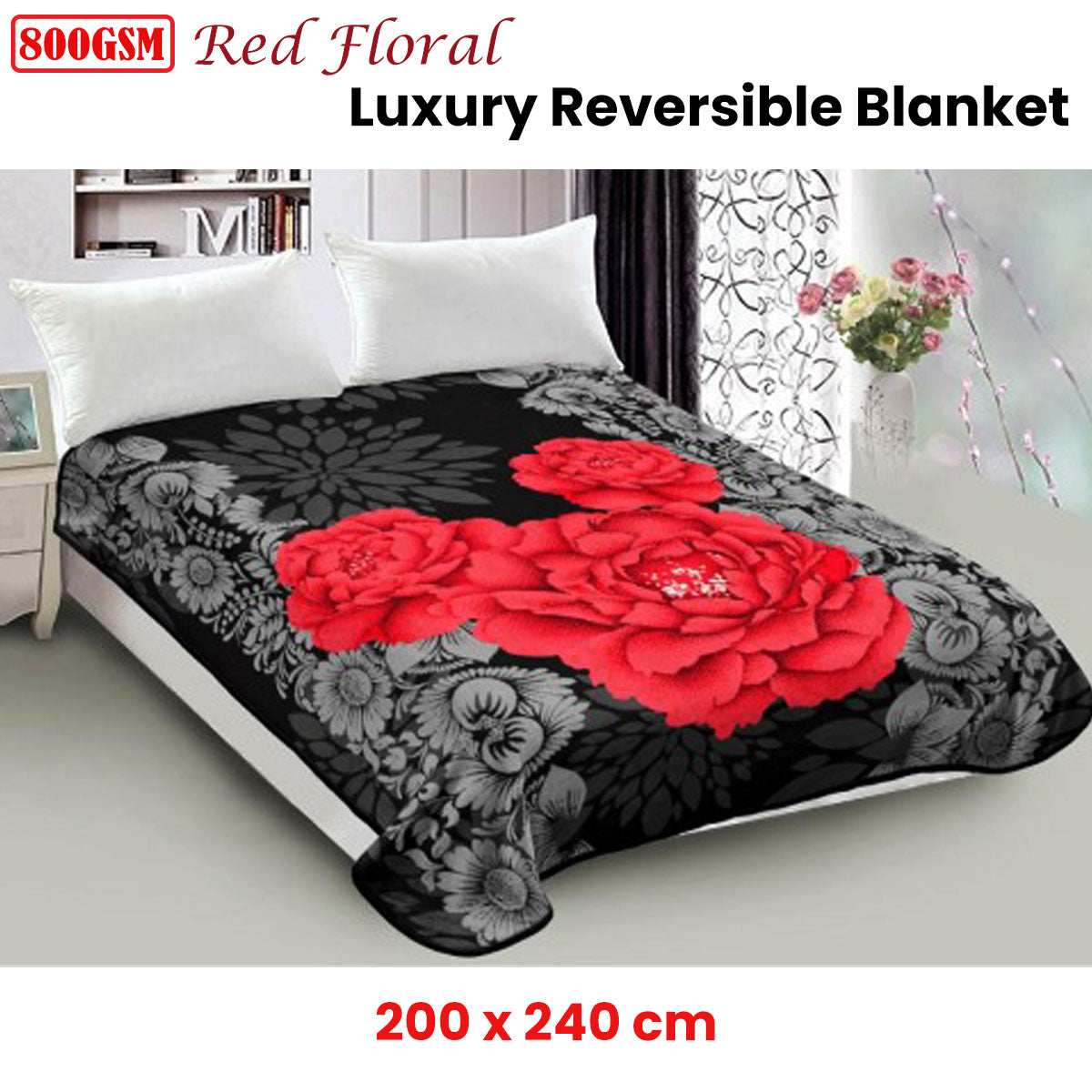 800GSM Luxury Reversible Mink Blanket Red Floral Queen 200 x 240 cm - SuperSaverAU - view 2