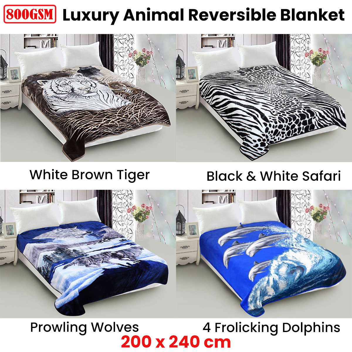 800GSM Luxury Reversible Animal Mink Blanket Queen 200 x 240 cm - Frolicking Dolphins - SuperSaverAU - view 2