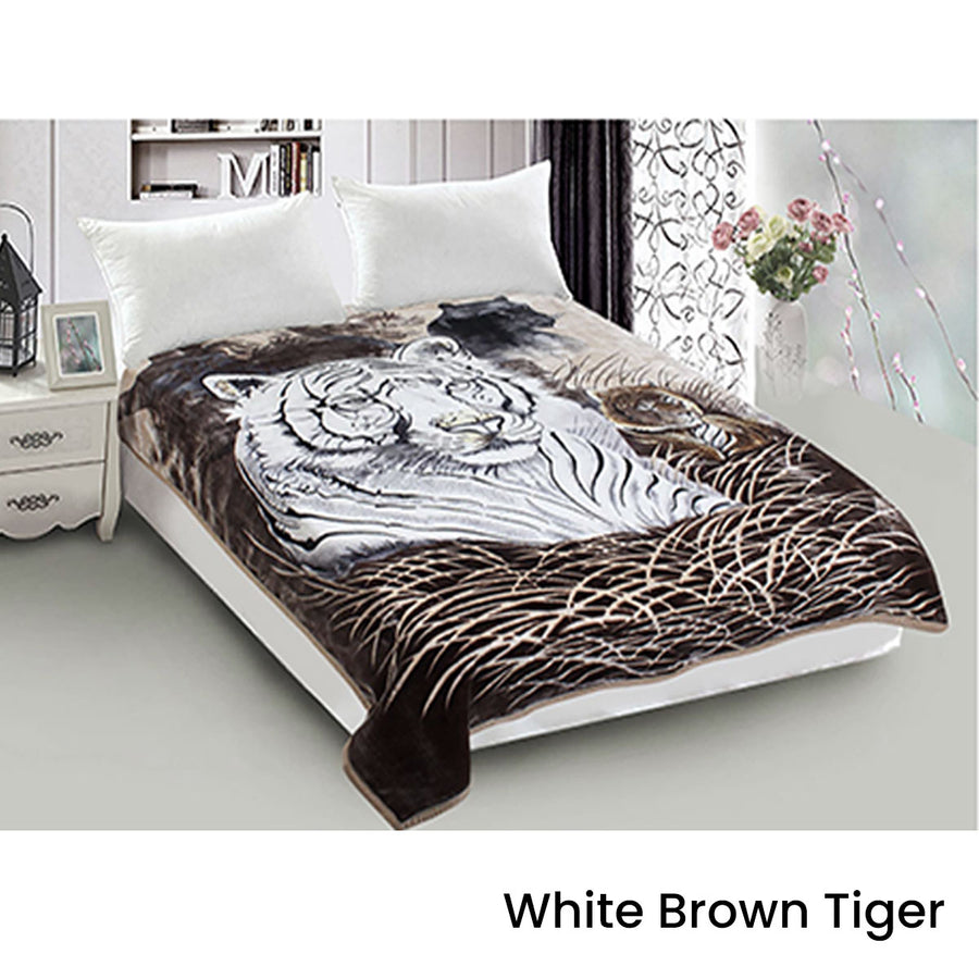 800GSM Luxury Reversible Animal Mink Blanket Queen 200 x 240 cm - White Brown Tiger - SuperSaverAU - view 1