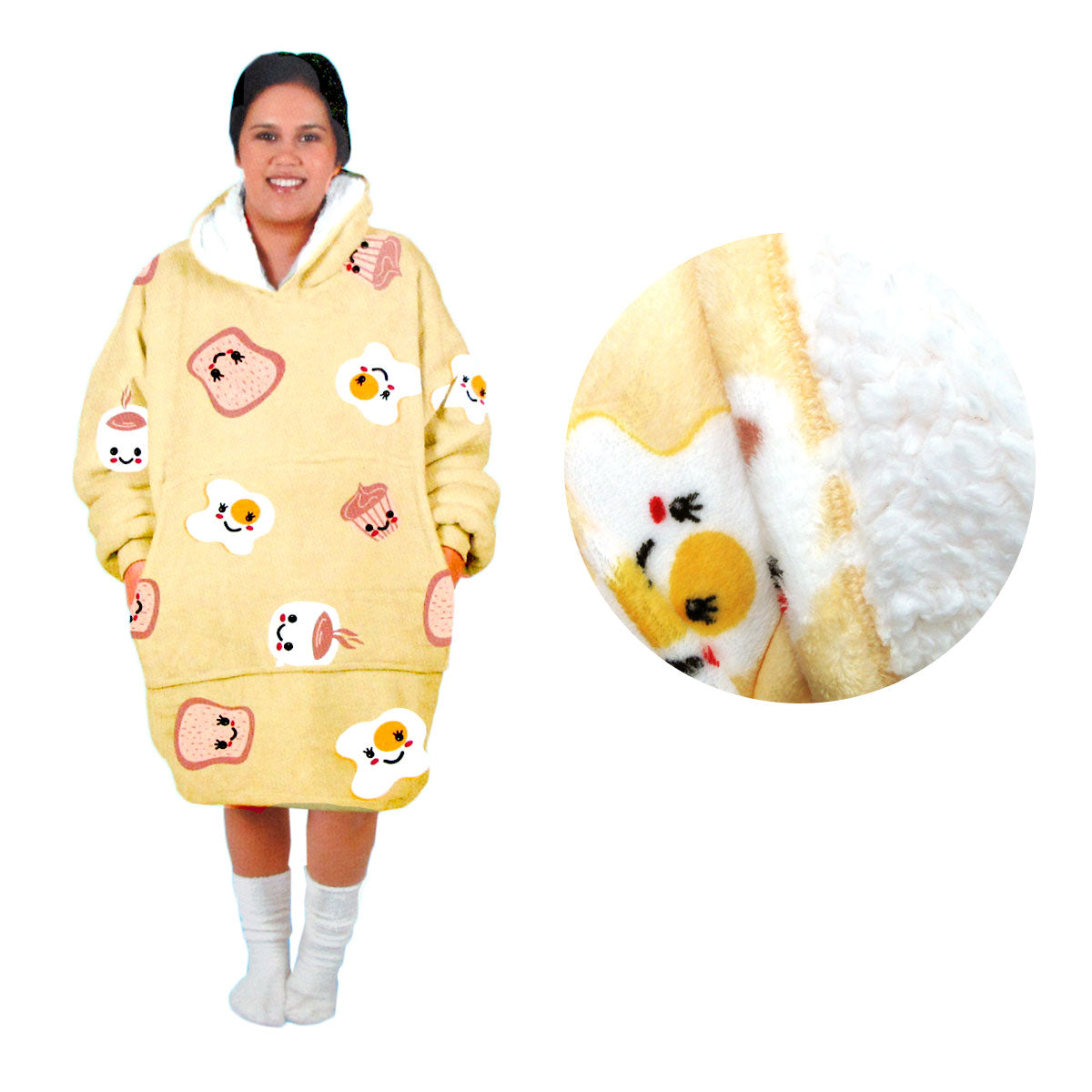 Adult Women Comfy Warm Blanket Hoodie - Sherpa Fleece Reverse - Yellow Brekkie Time