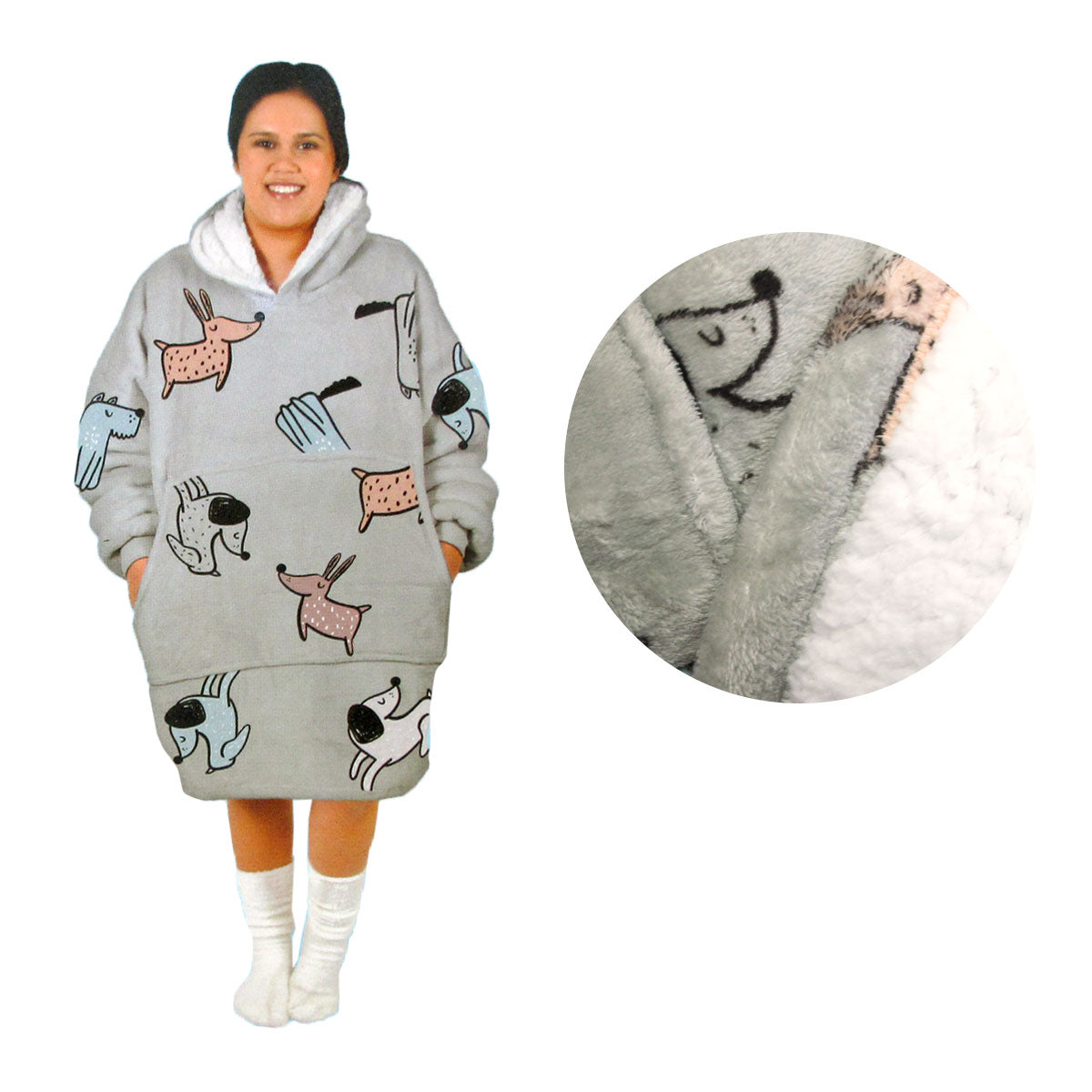 Adult Women Comfy Warm Blanket Hoodie - Sherpa Fleece Reverse - Grey Dogs - SuperSaverAU - view 1
