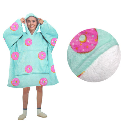 Aqua Donuts Adult Men Women Comfy Warm Blanket Hoodie with Sherpa Fleece