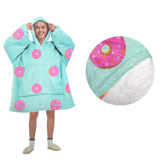 Aqua Donuts Adult Men Women Comfy Warm Blanket Hoodie with Sherpa Fleece