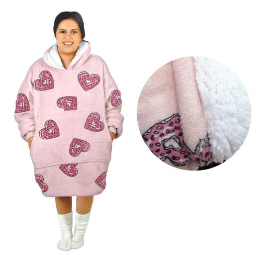 Adult Women Comfy Warm Blanket Hoodie - Sherpa Fleece Reverse, Pink Hearts