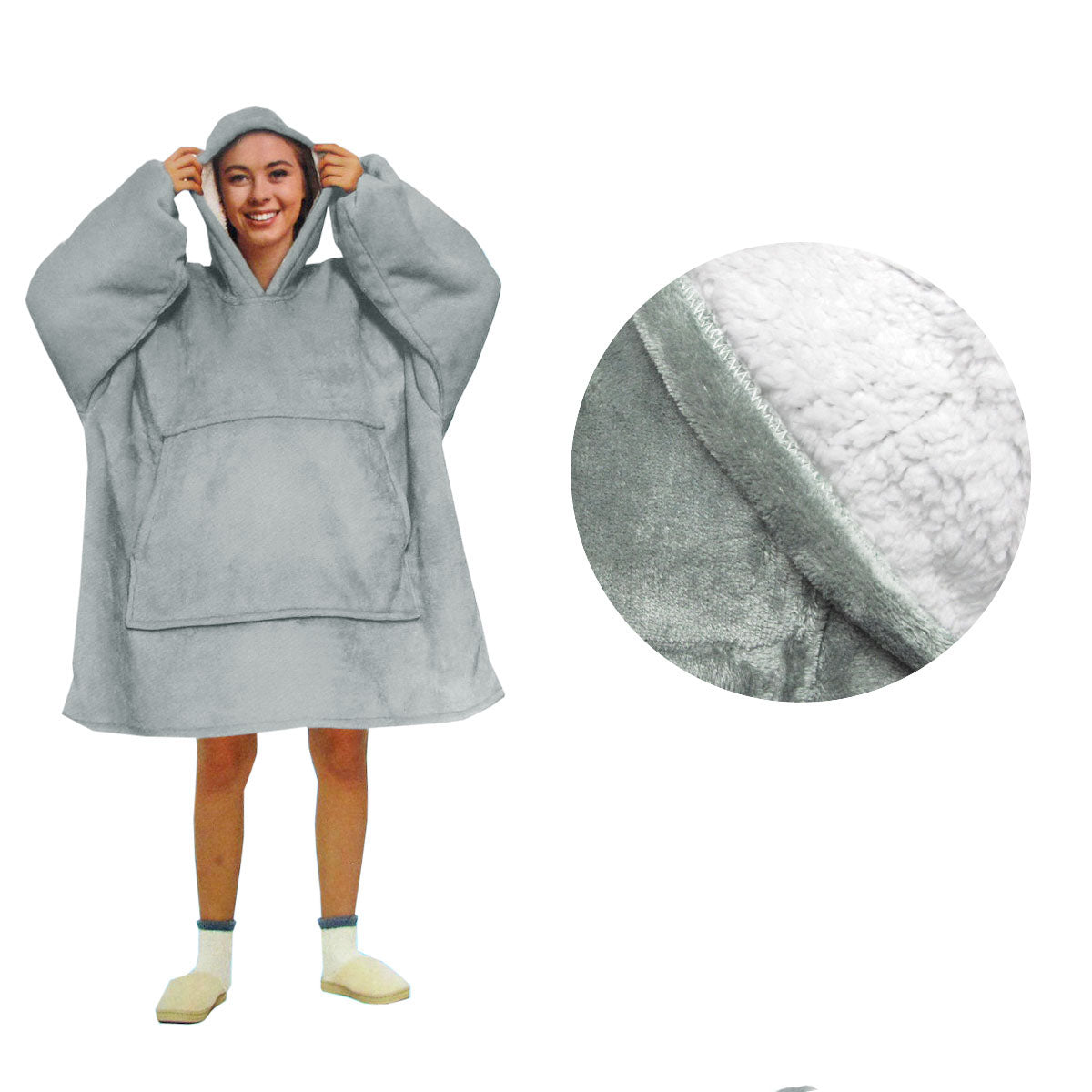 Adult Men Women Comfy Warm Blanket Hoodie Sherpa Fleece Reverse - Plain Silver - SuperSaverAU - view 1