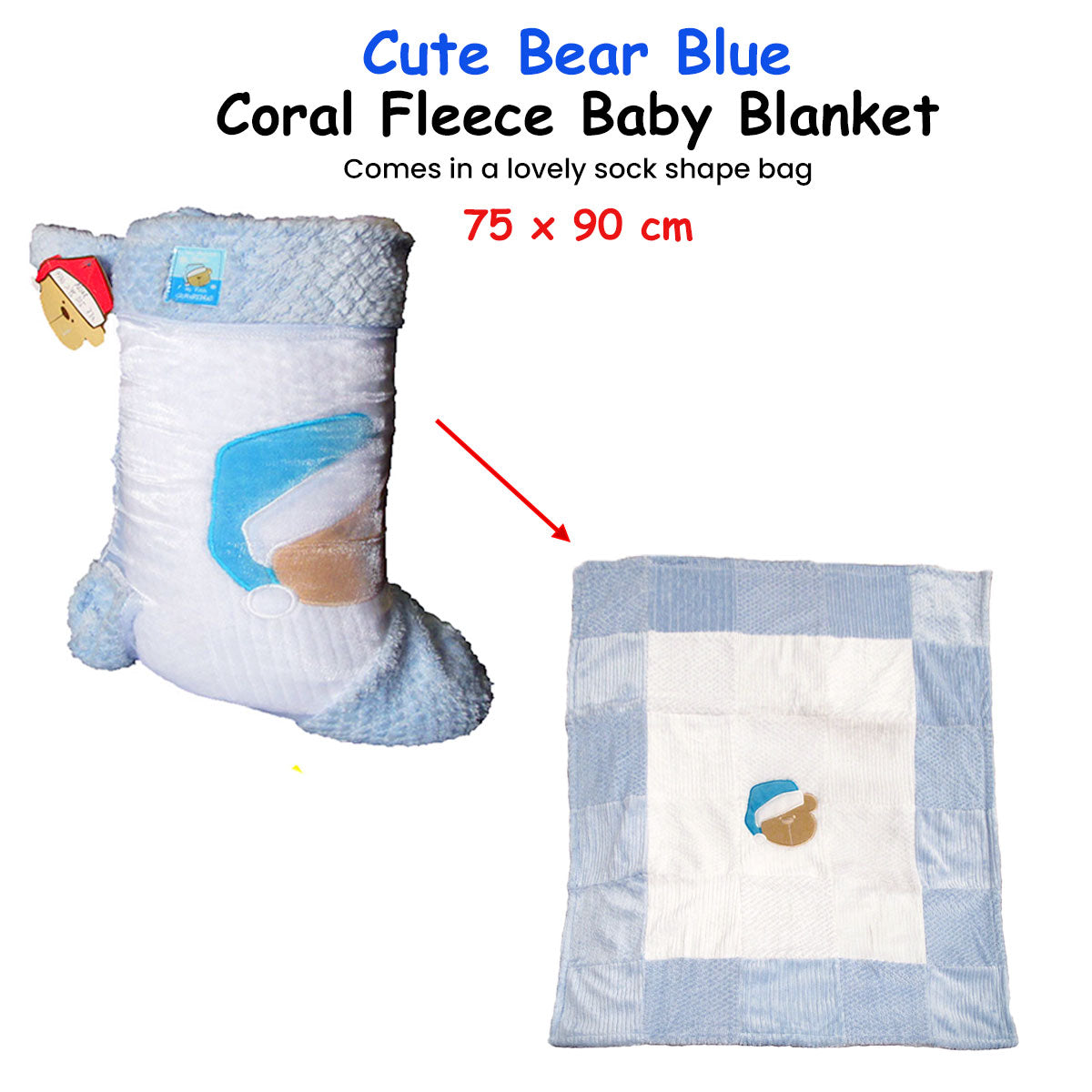 Cute Bear Blue Coral Fleece Baby Blanket 75 x 90 cm - Embroidered Design - SuperSaverAU - view 2