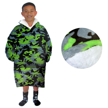 Kids Boys Girls Comfy Warm Blanket Hoodie Sherpa Fleece Reverse - Kid Size, Green Camouflage