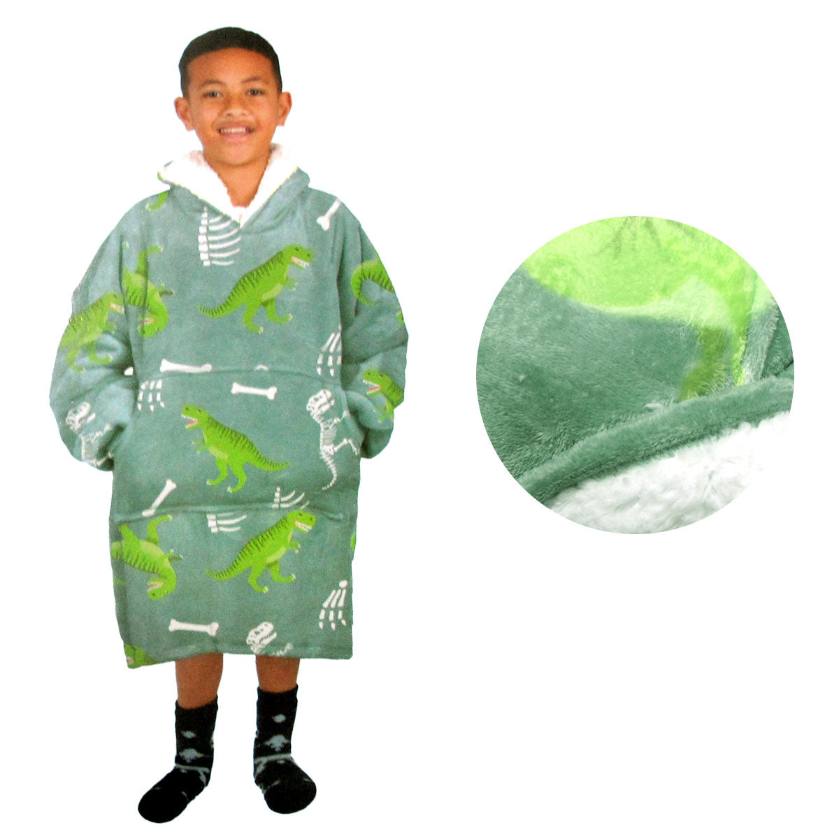 Kids Boys Girls Comfy Warm Blanket Hoodie - Sherpa Fleece Reverse, Kid Size, Green Dinosaur