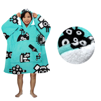 Kids Boys Girls Comfy Warm Blanket Hoodie with Sherpa Fleece - Aqua Robots Size