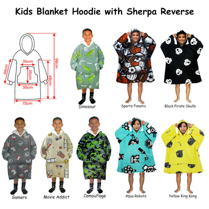 Kids Boys Girls Comfy Warm Blanket Hoodie with Sherpa Fleece - Aqua Robots Size