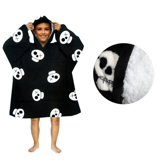Kids Boys Girls Comfy Warm Blanket Hoodie with Sherpa Fleece Reverse - Black Pirate Skulls