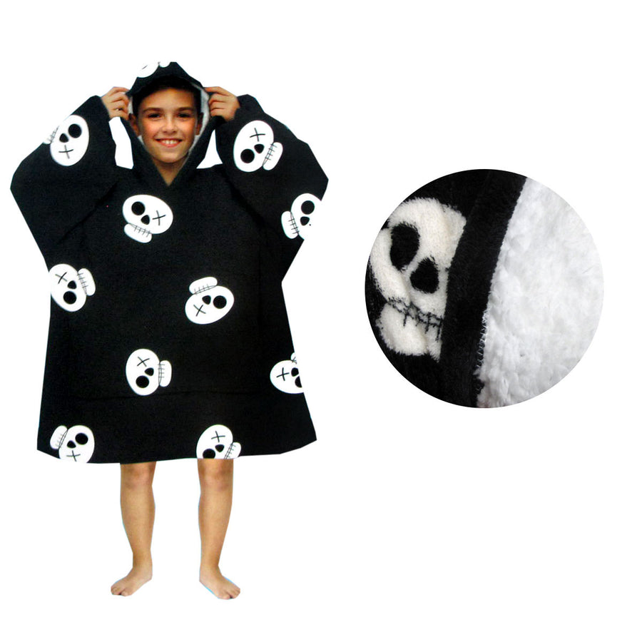 Kids Boys Girls Comfy Warm Blanket Hoodie with Sherpa Fleece Reverse - Black Pirate Skulls - SuperSaverAU - view 1