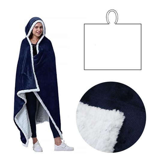 Adult Men Women Open Blanket Hoodie Poncho Sherpa Fleece Reverse Navy 400GSM