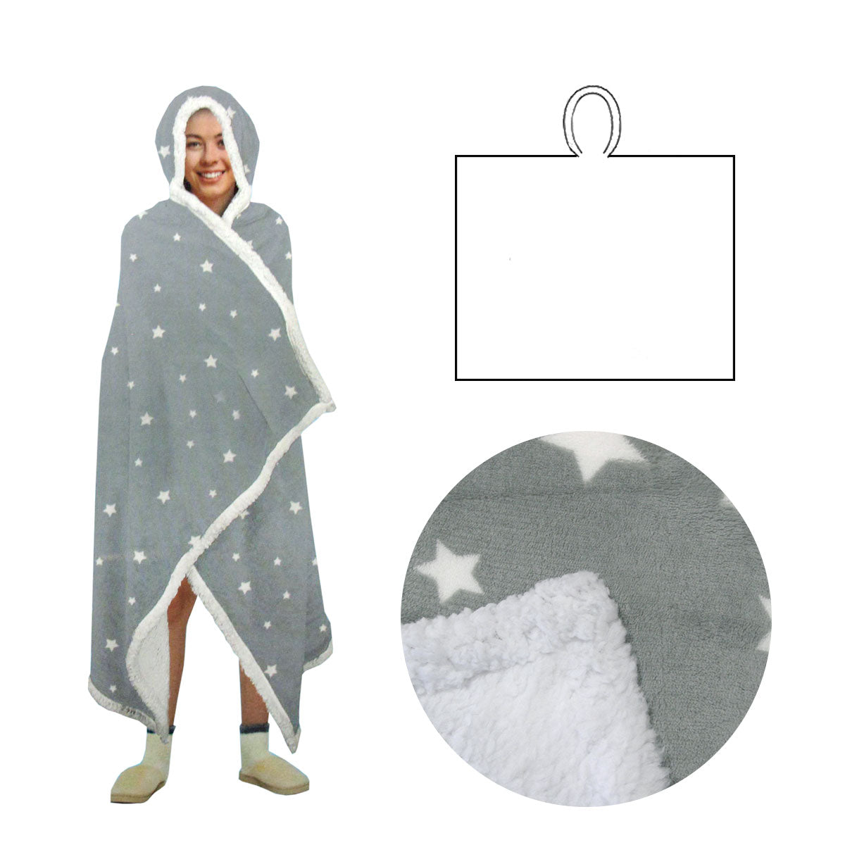 Adult Men Women Open Blanket Hoodie Poncho Sherpa Fleece Silver Star 400GSM - SuperSaverAU - view 1