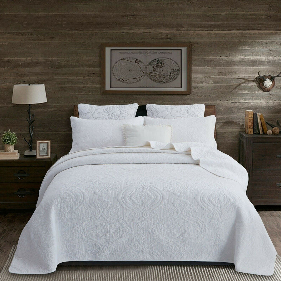100% Cotton Lightly Quilted Coverlet Set Damask White Queen - Easy-Care, Medium Warmth - SuperSaverAU - view 1