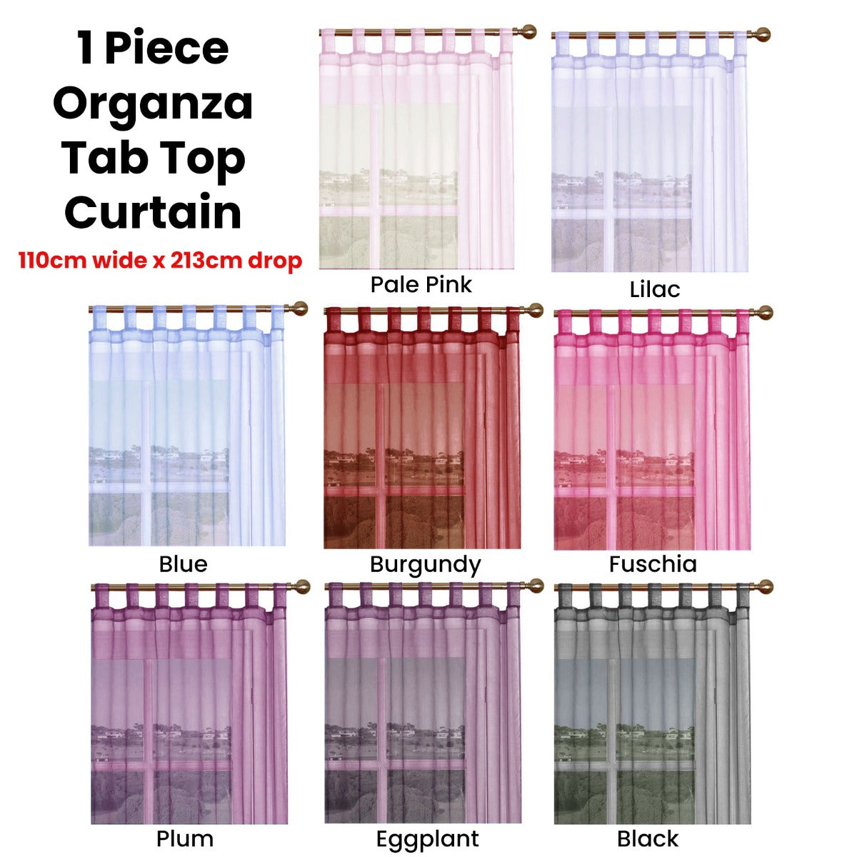 1 Piece Organza Tab Top Curtain 110 x 213 cm Blue - Lightweight Polyester - SuperSaverAU - view 2