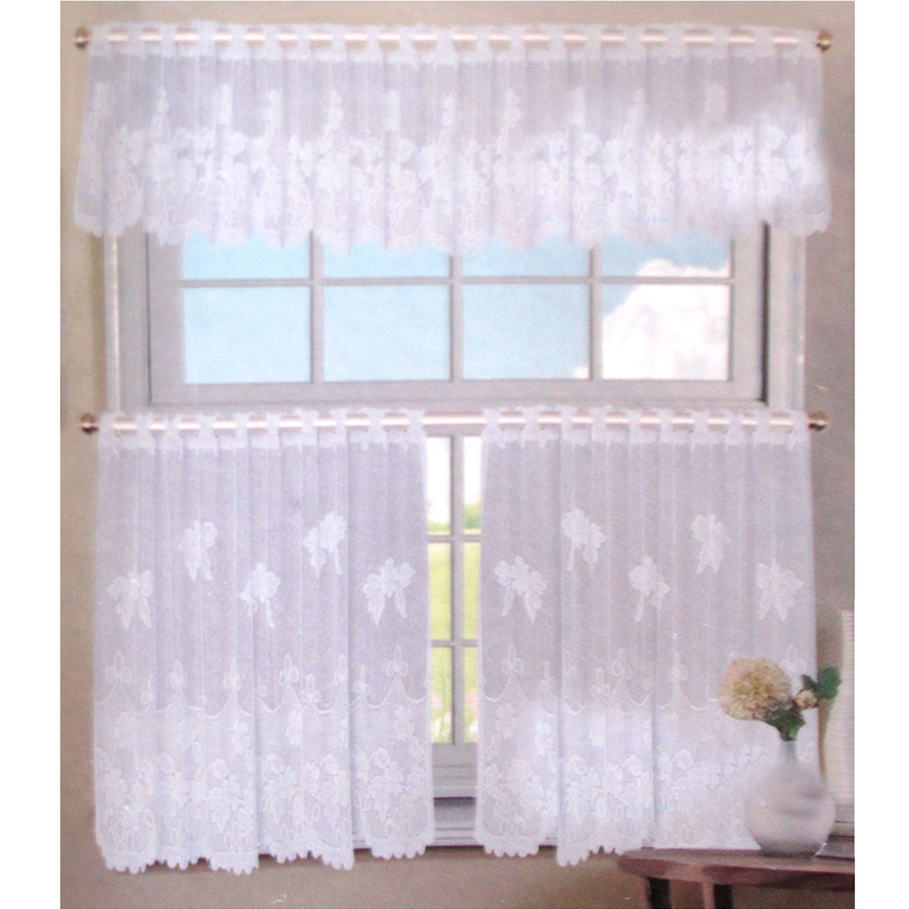 Cafe Flora Lace Curtain Set 3 Pce - Floral Design, 270x30cm & 135x60cm, Polyester - SuperSaverAU - view 1