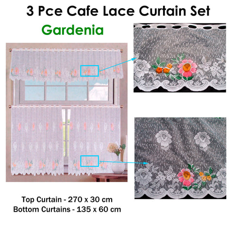 3 Pce Cafe Gardenia Lace Curtain Set - Floral Lace Design, 270x30cm & 135x60cm - SuperSaverAU - view 1