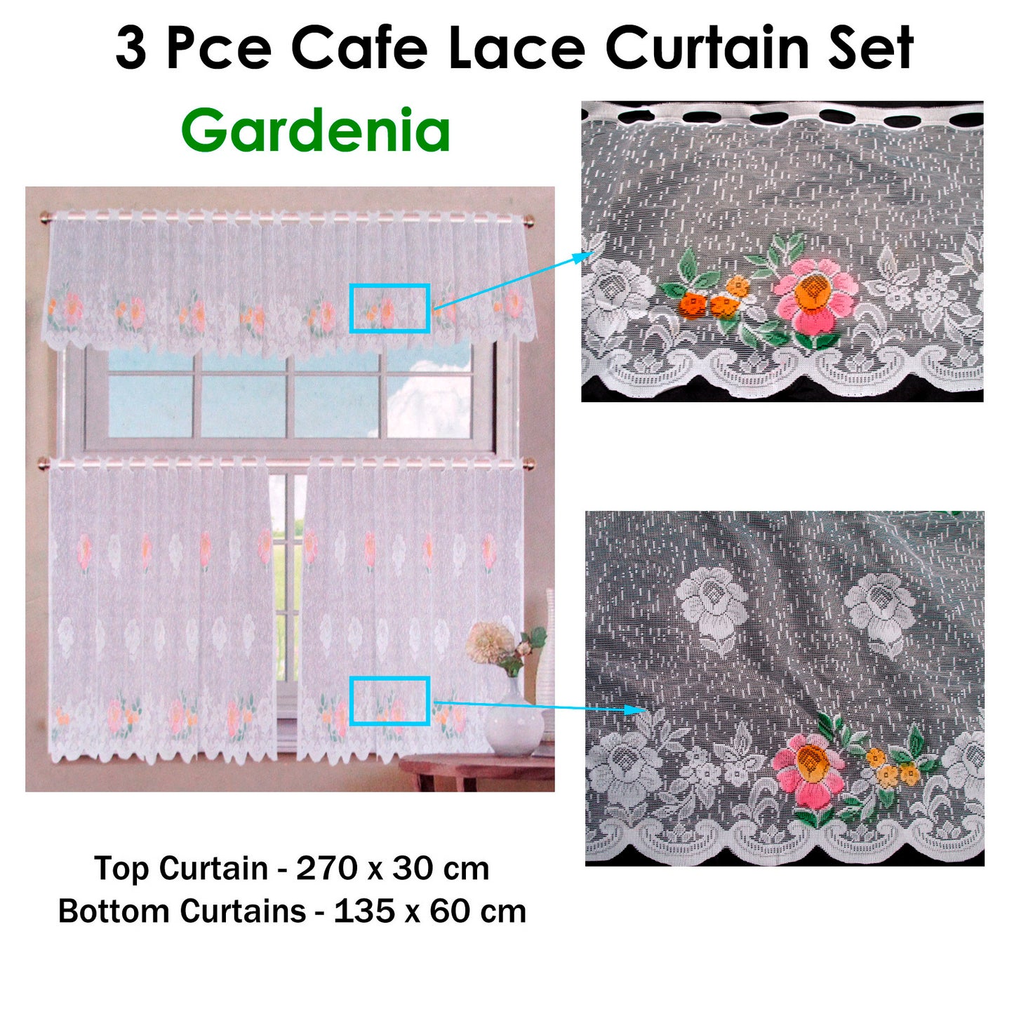 3 Pce Cafe Gardenia Lace Curtain Set - Floral Lace Design, 270x30cm & 135x60cm