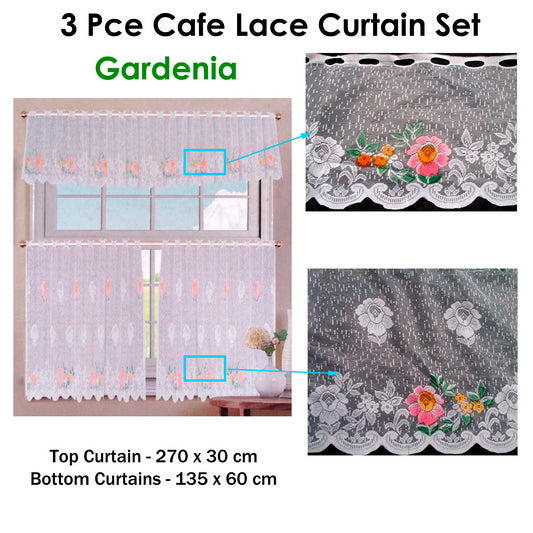 3 Pce Cafe Gardenia Lace Curtain Set - Floral Lace Design, 270x30cm & 135x60cm