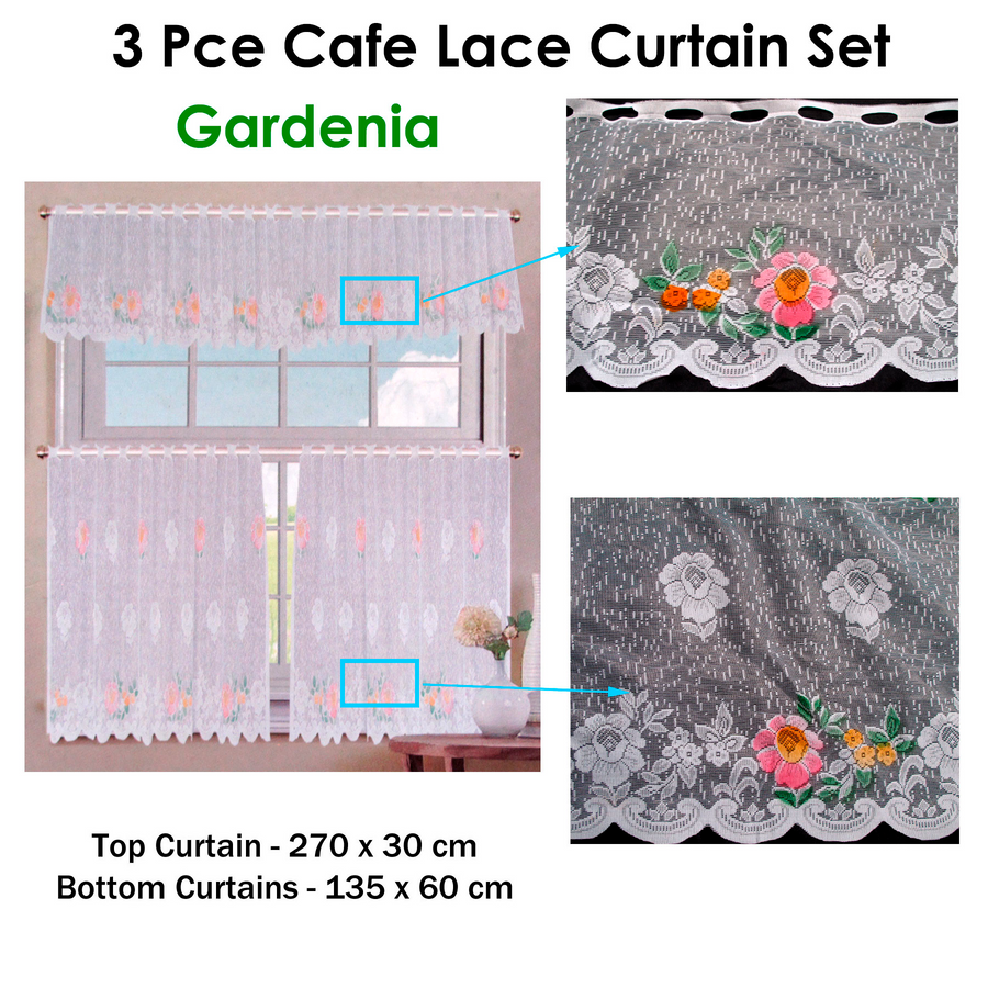 3 Pce Cafe Gardenia Lace Curtain Set - Floral Lace Design, 270x30cm & 135x60cm - SuperSaverAU - view 1