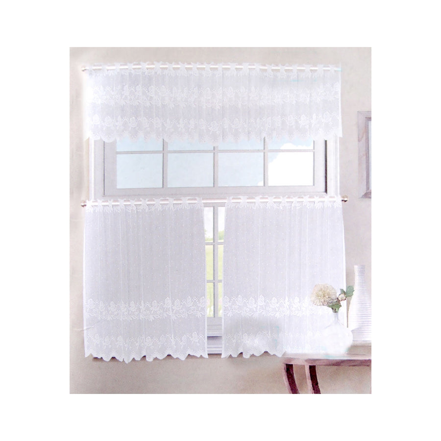Cafe Rose Lace Curtain Set 3 Pce - White, Polyester, 270x30cm & 135x60cm - SuperSaverAU - view 1