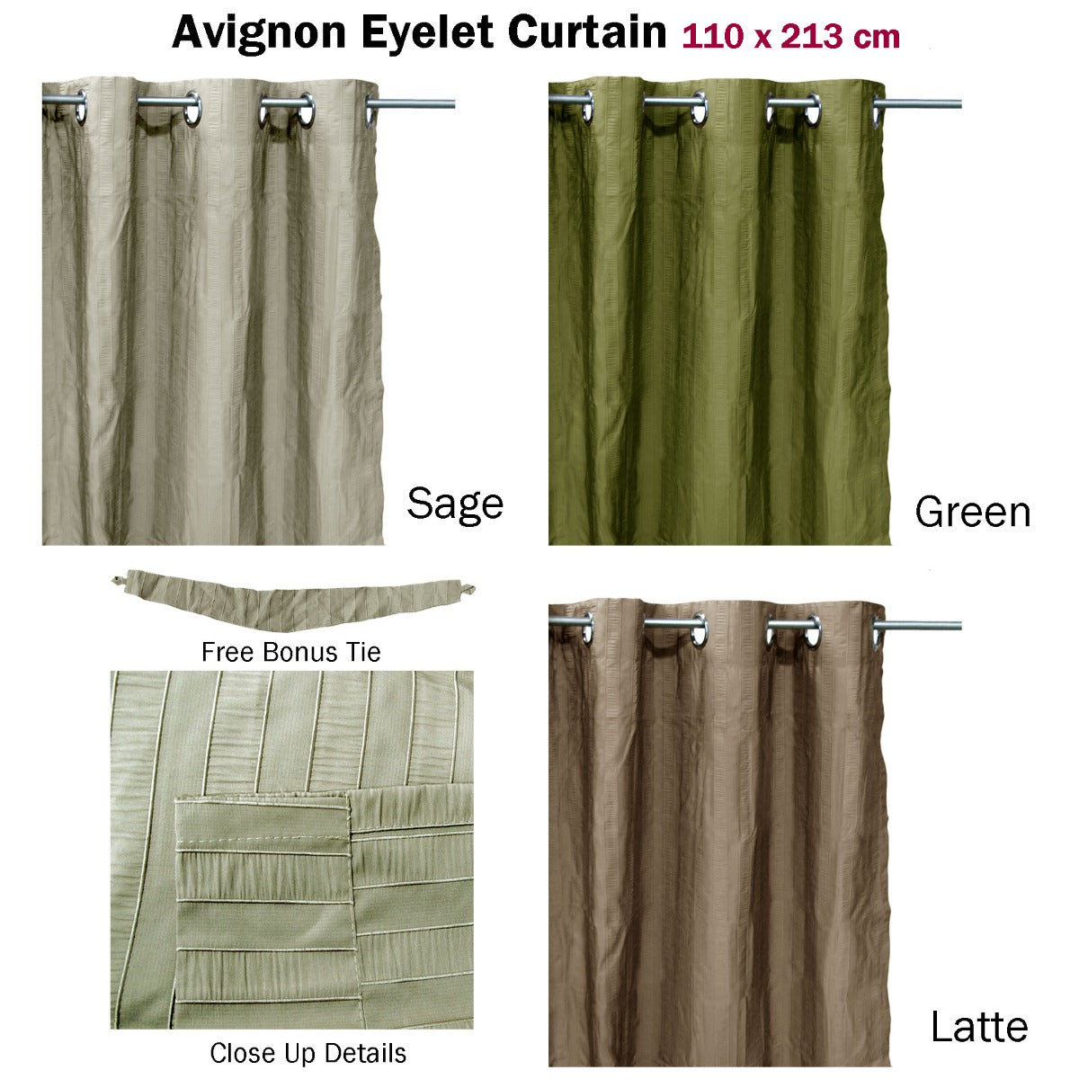 Avignon Unlined Eyelet Curtain 110 x 213cm Sage - Ruched Design, Polyester - SuperSaverAU - view 2