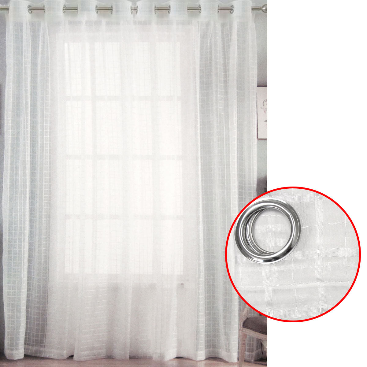 White Checkered Eyelet Sheer Curtains 140 x 225cm - Easy Care, Easy to Install