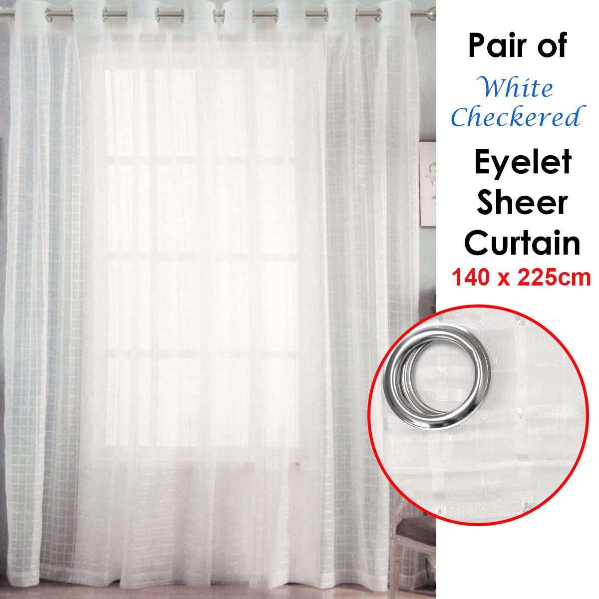 White Checkered Eyelet Sheer Curtains 140 x 225cm - Easy Care, Easy to Install