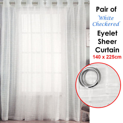 White Checkered Eyelet Sheer Curtains 140 x 225cm - Easy Care, Easy to Install