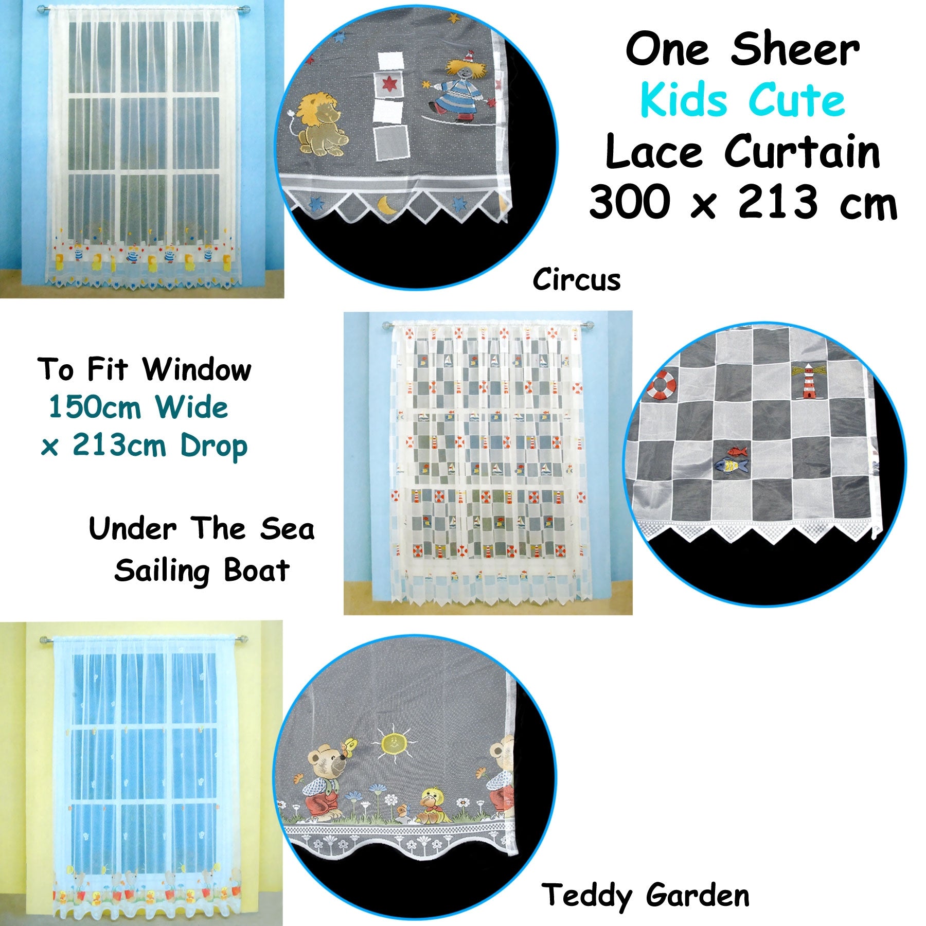One Piece Kids Cute Sheer Lace Curtain 300 x 213cm - Circus Design - SuperSaverAU - view 2