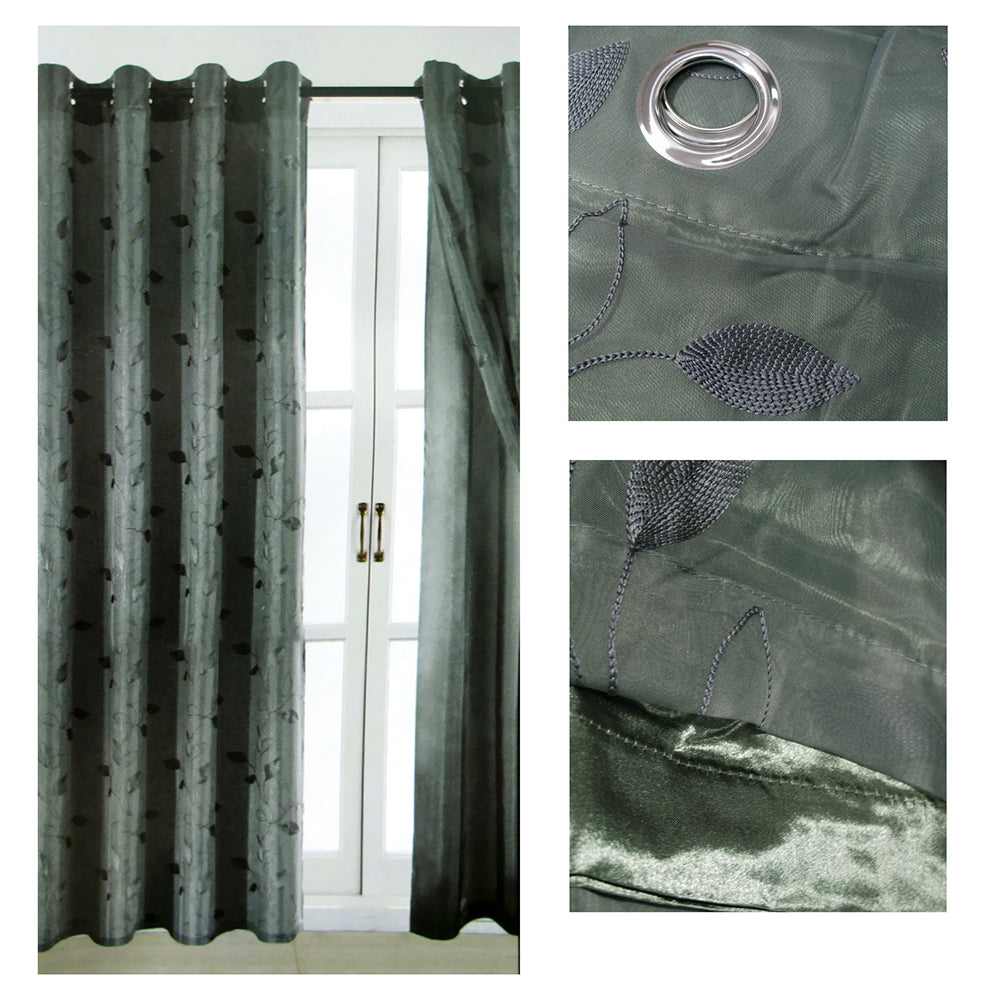 Double Layered Leaf Embroidered Eyelet Curtains 140 x 225 cm - Charcoal - SuperSaverAU - view 1
