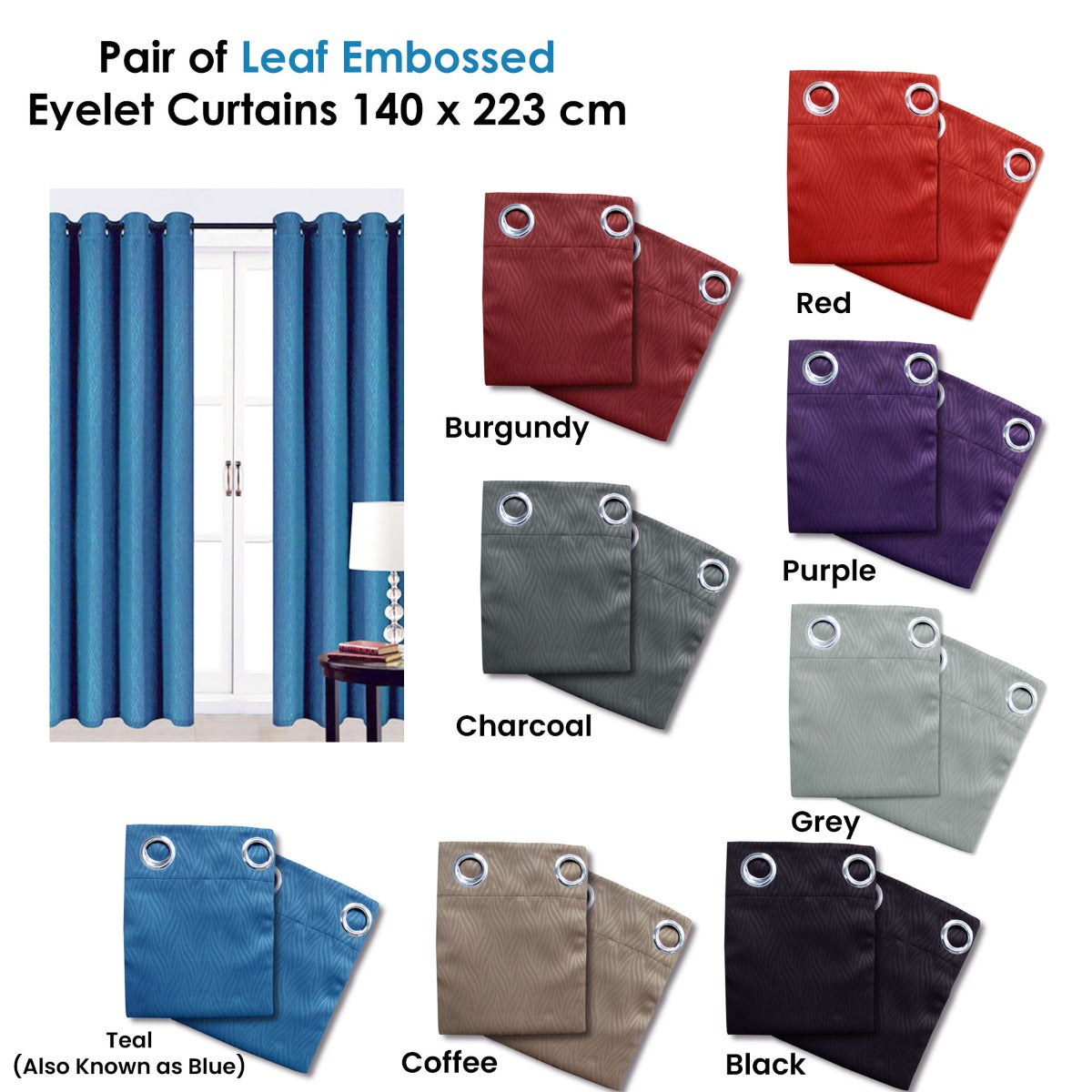Blockout Embossed Eyelet Leaf Curtains Grey - 2 x 140 x 223 cm - SuperSaverAU - view 2