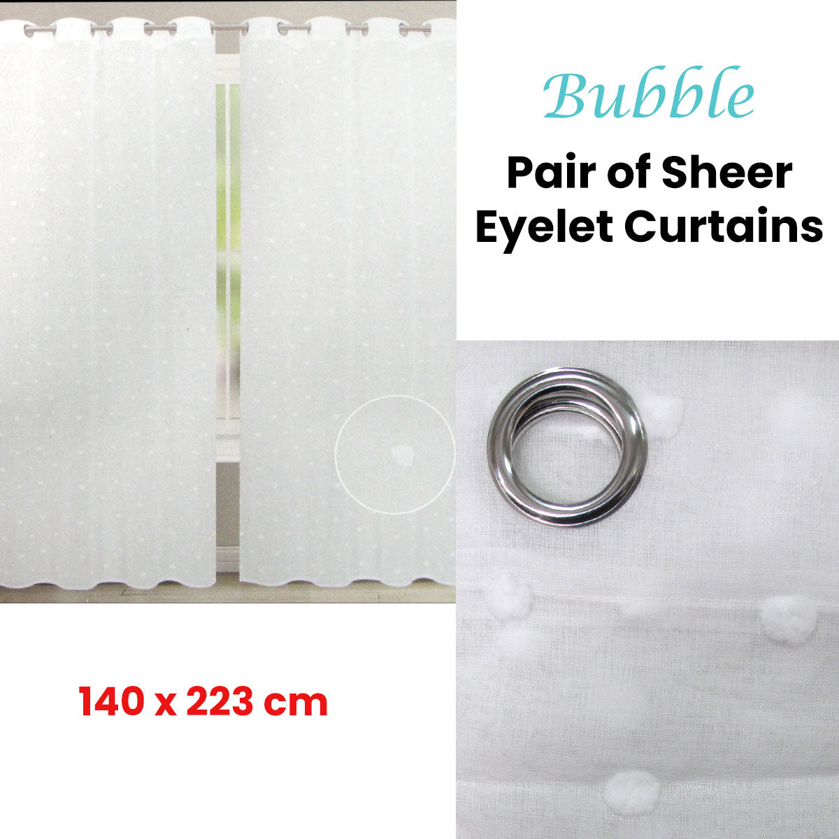 Bubble White Sheer Eyelet Curtains 140 x 223cm - Lace Design, 2 Pack - SuperSaverAU - view 2