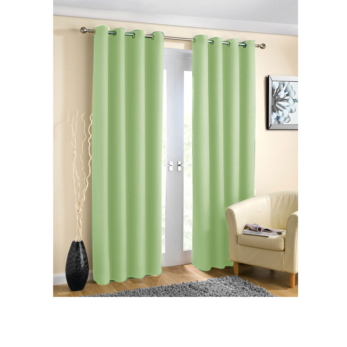 Sage Pair of Blockout Plain Eyelet Curtains 140 x 223 cm - Thermal Lined, Easy Care - SuperSaverAU - view 1