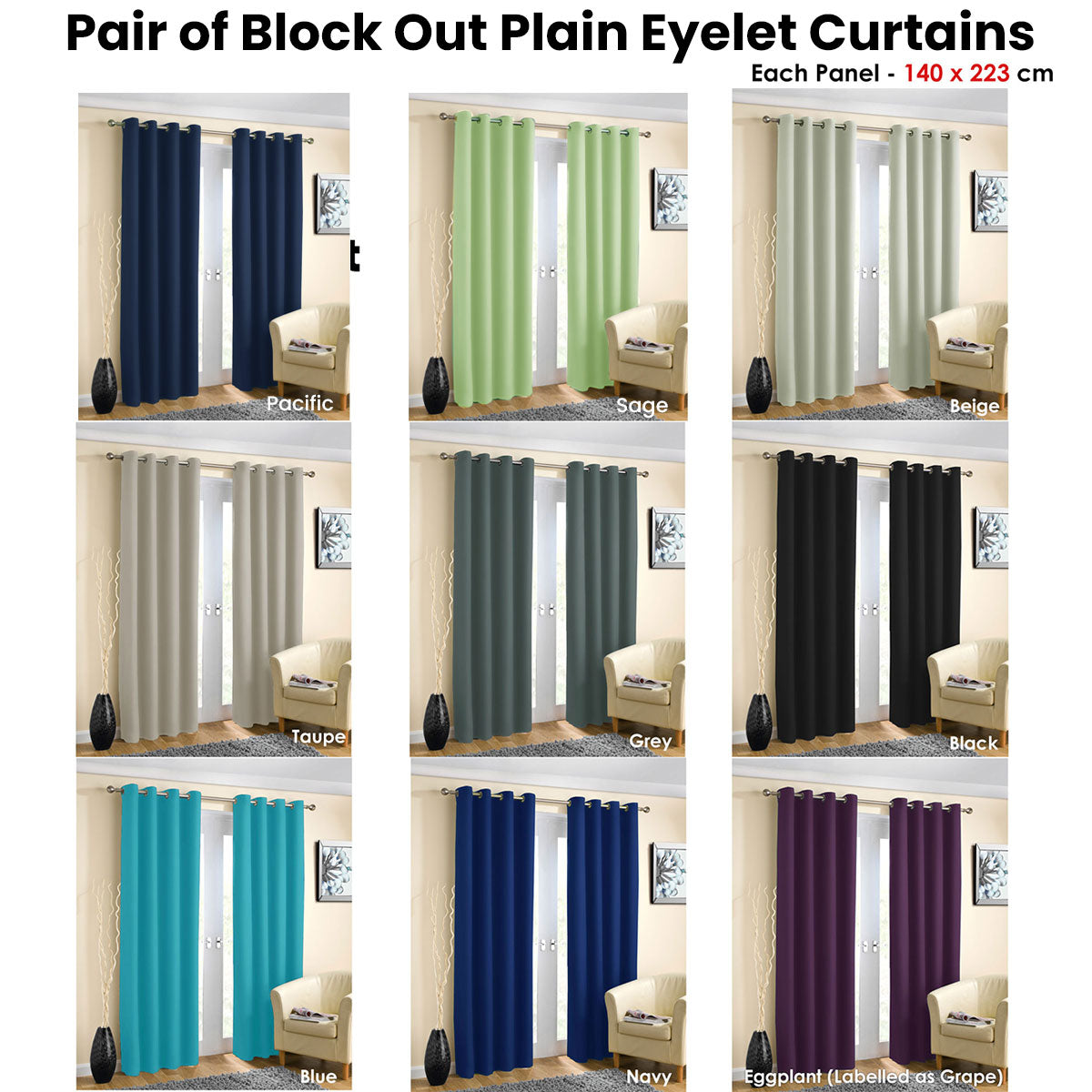 Sage Pair of Blockout Plain Eyelet Curtains 140 x 223 cm - Thermal Lined, Easy Care - SuperSaverAU - view 2