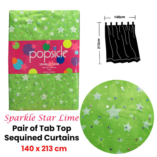 Organza Sequined Tab Top Curtains Sparkle Star Lime Green 140 x 213 cm