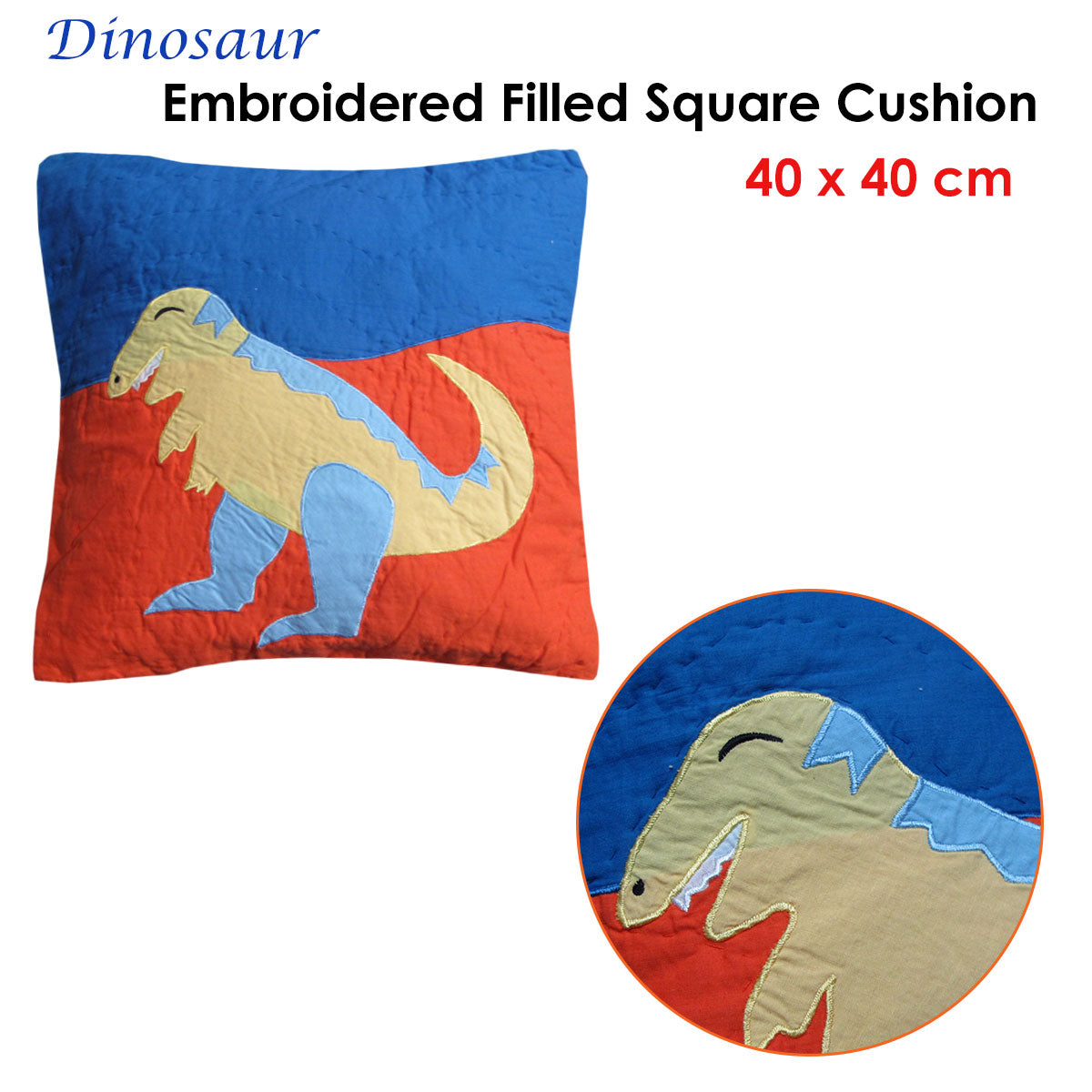Dinosaur Embroidered Filled Cushion 40 x 40 cm - Soft Cotton, Playful Design - SuperSaverAU - view 2