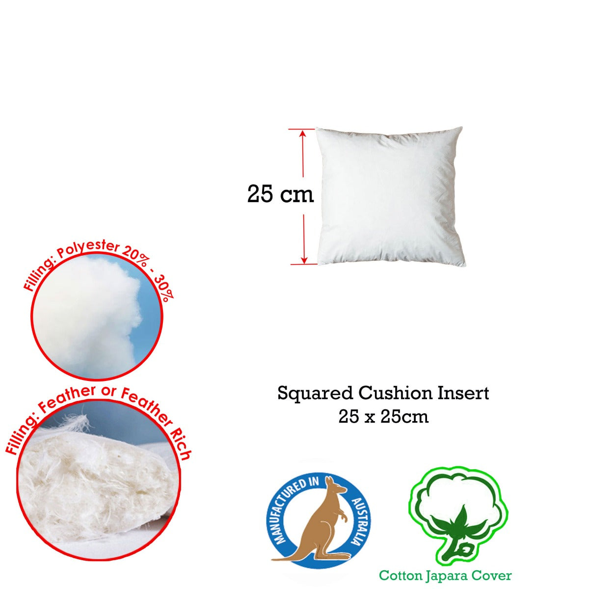 Duck Feather Rich Fill Cushion Inserter 25 x 25cm - Solid Colour, Made in Australia - SuperSaverAU - view 1