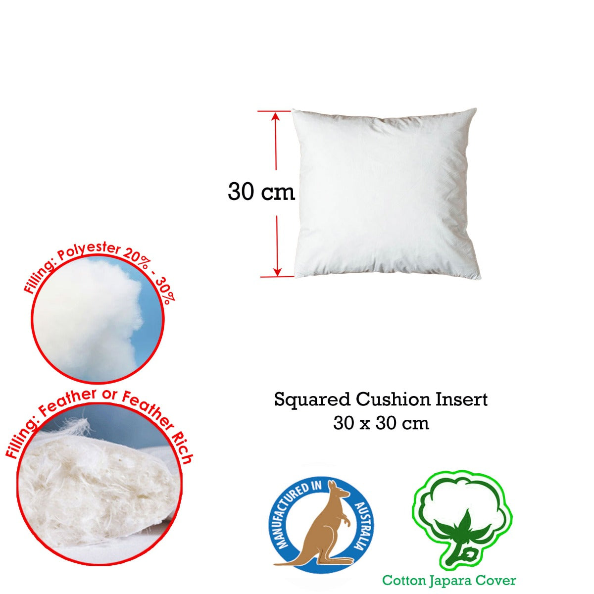 Duck Feather Rich Fill Cushion Inserter 30 x 30cm - Solid Colour, Made in Australia - SuperSaverAU - view 2