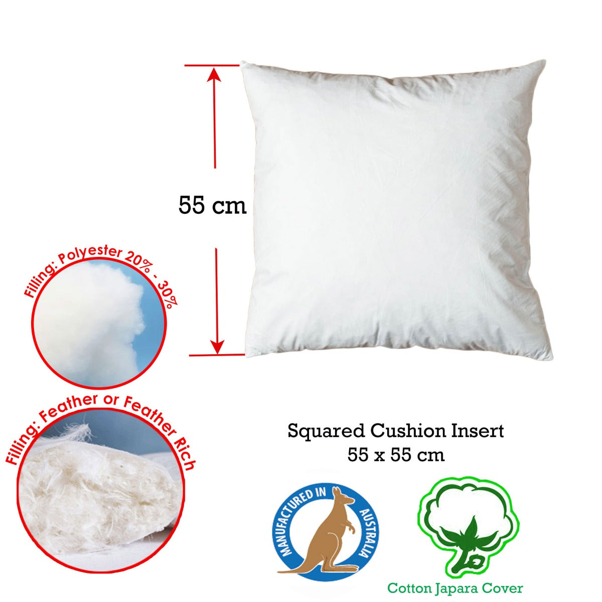 Duck Feather Rich Fill Cushion Inserter 55 x 55cm - Solid Colour, Made in Australia - SuperSaverAU - view 1