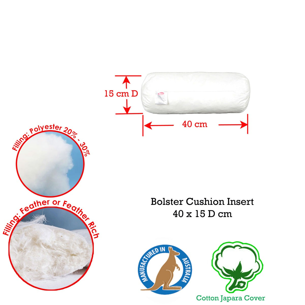 Premium Duck Feather Rich Neckroll Cushion Insert - 15 x 40cm