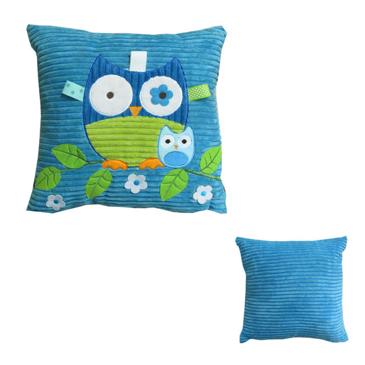 Blue Owl Embroidered Applique Cushion 35 x 35 cm - Soft Polyester Filling