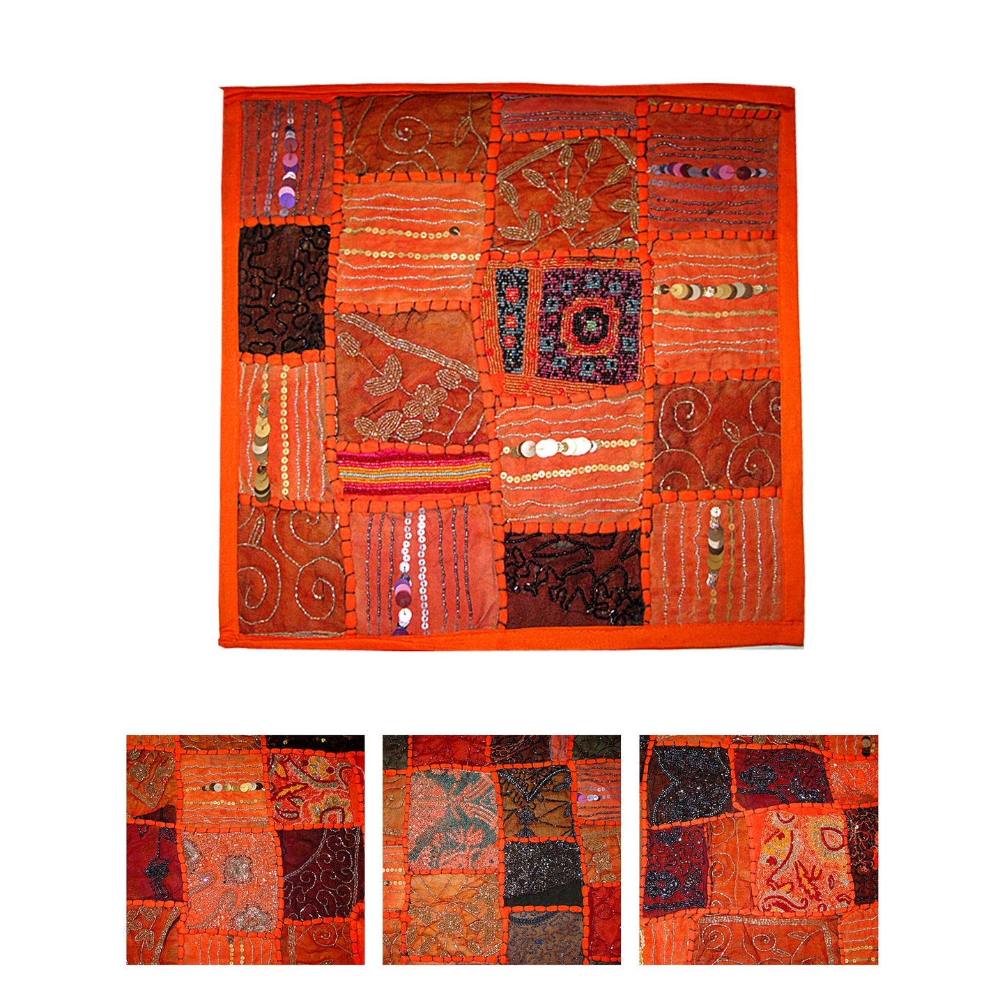 Hand Crafted Beaded Cushion Cover 45 x 45 cm - Orange, Embroidered, Cotton