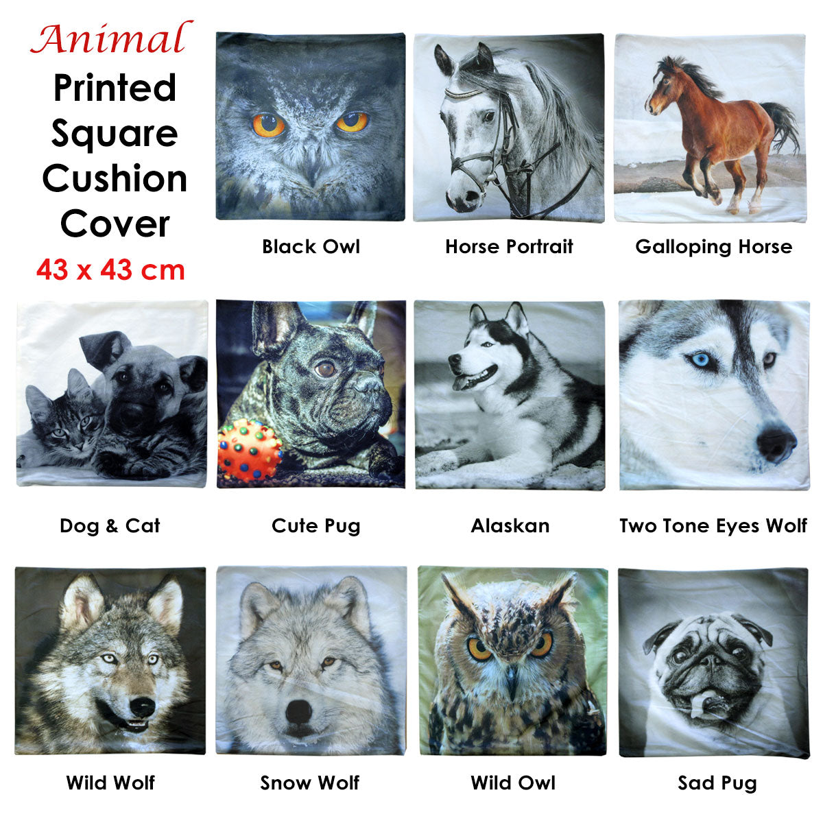 Animal Printed Square Cushion Cover 43 x 43 cm - Horses, Owls, Dogs Design