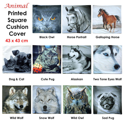 Animal Printed Square Cushion Cover 43 x 43 cm - Horses, Owls, Dogs Design