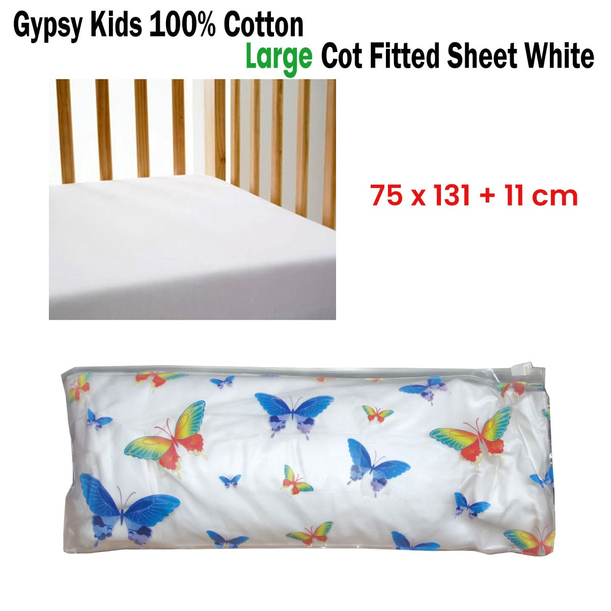 Gypsy Kids 100% Cotton Large Cot Fitted Sheet White 75 x 131 + 11 cm - SuperSaverAU - view 1