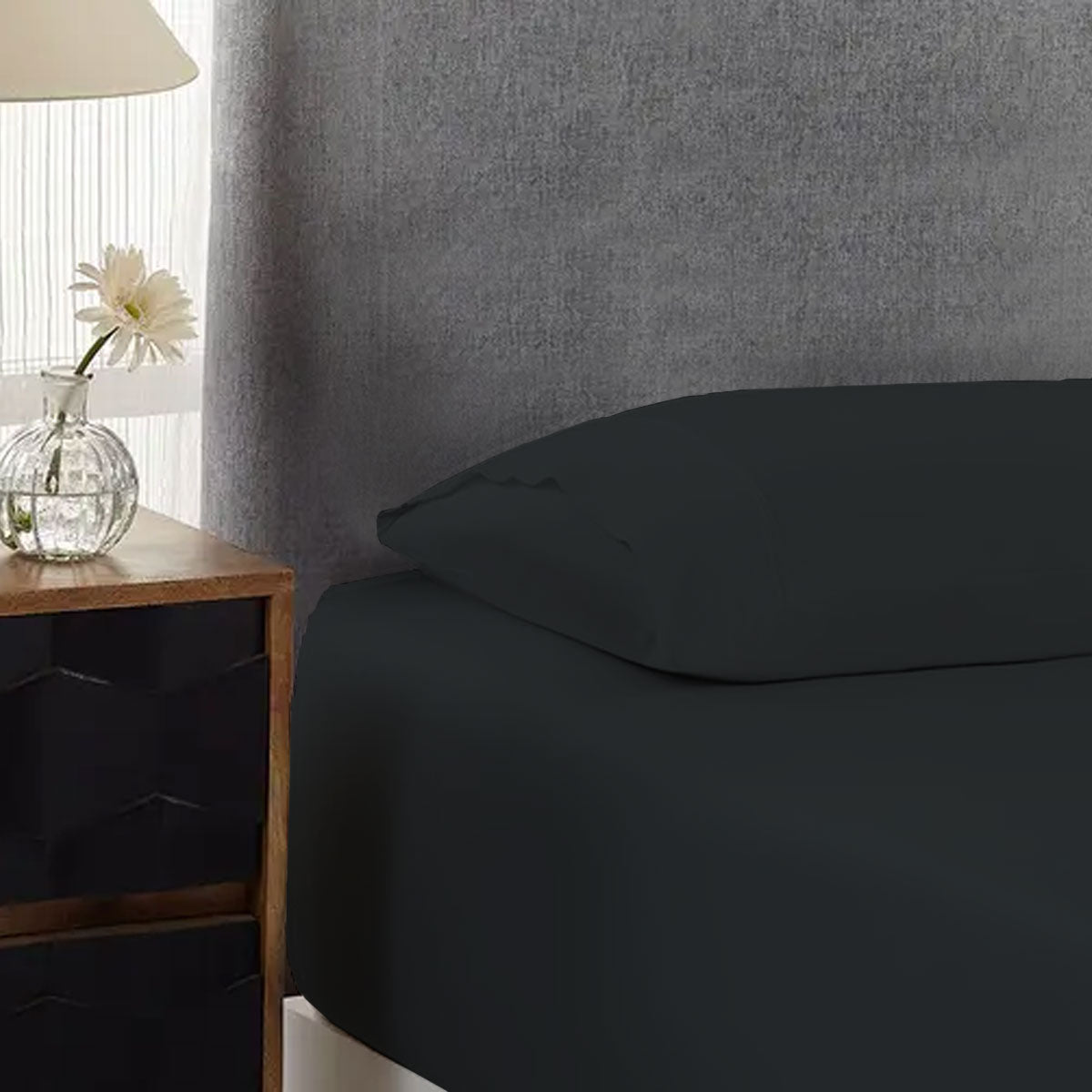 500TC Cotton Fitted Sheet Set Charcoal Single 40cm Wall - 100% Cotton, Solid Design