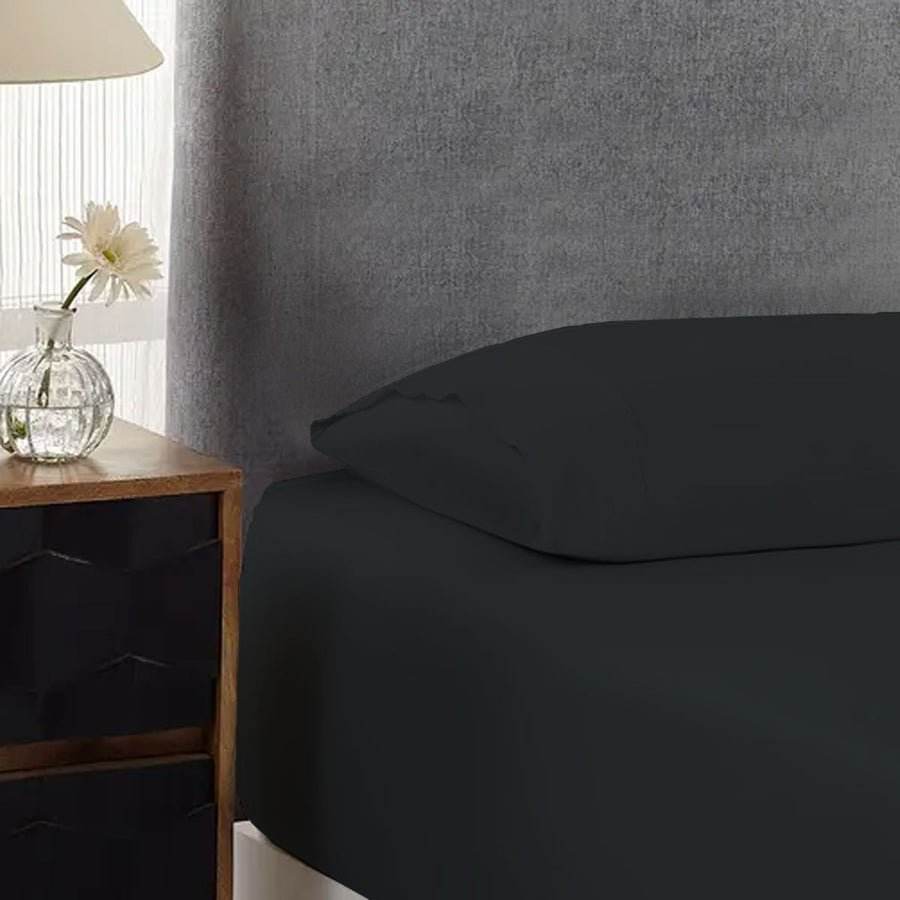 500TC Cotton Fitted Sheet Set Charcoal Single 40cm Wall - 100% Cotton, Solid Design - SuperSaverAU - view 1