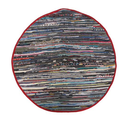 Chindi Cotton Round Mat 120 cm - Reversible, Woven Design, Random Pattern, Red